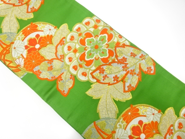 JAPANESE KIMONO / ANTIQUE FUKURO OBI / WOVEN FLORAL CREST & DRUM